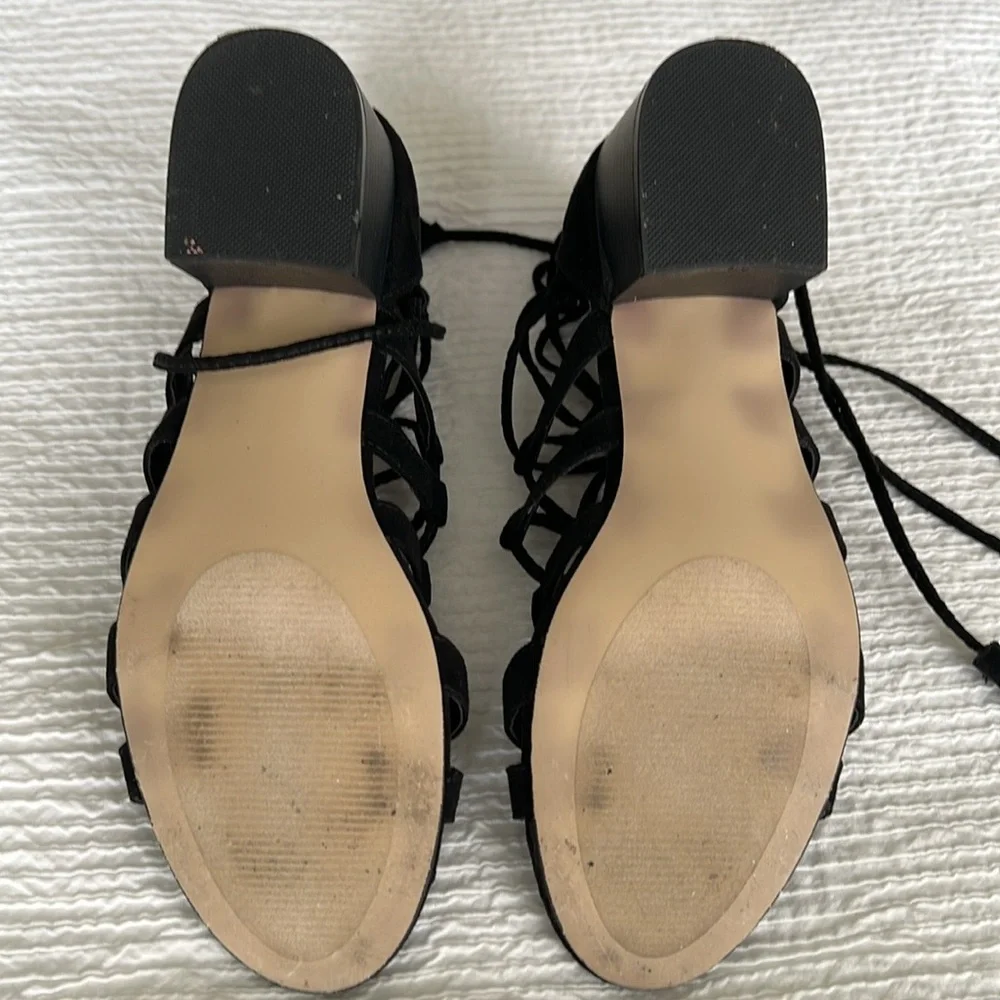 Madden Girl strappy black sandals with tassels and chunky heel 7